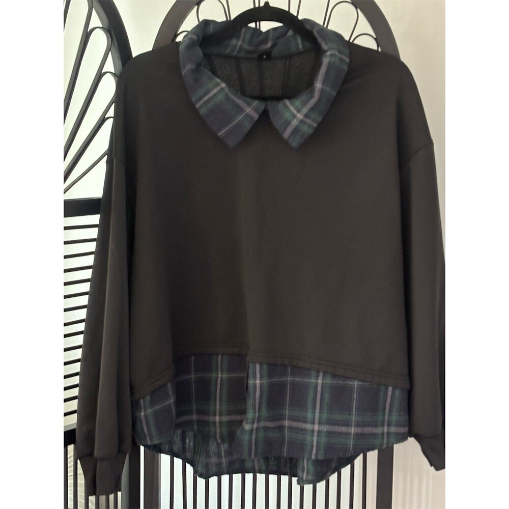 SHEIN Curve Sweatshirt Womens 2XL Black Pullover Faux Layered Plaid Trim